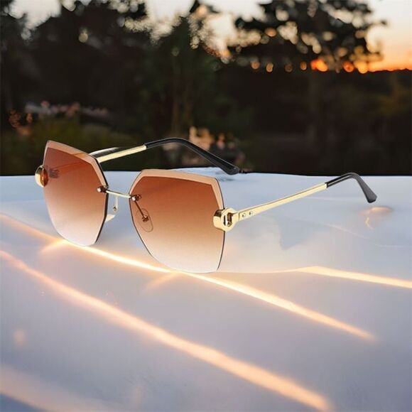New Boutique Retro Gradient Rimless Brown Tinted Statement Lenses - Picture 1 of 3